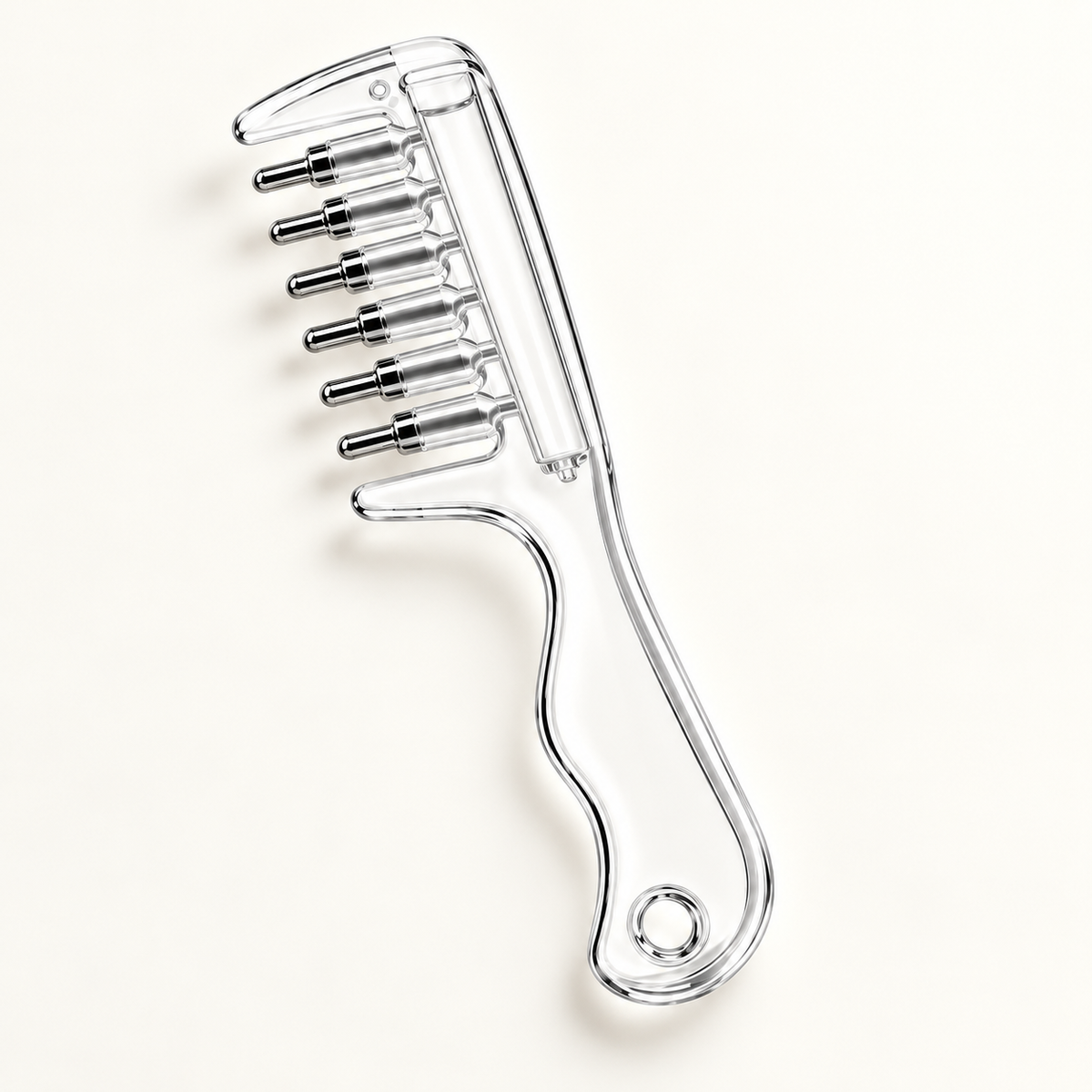 Clear six-roller scalp applicator comb on an ivory background