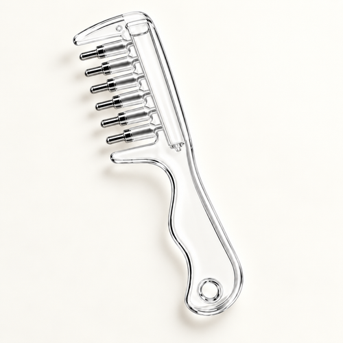 Clear six-roller scalp applicator comb on an ivory background