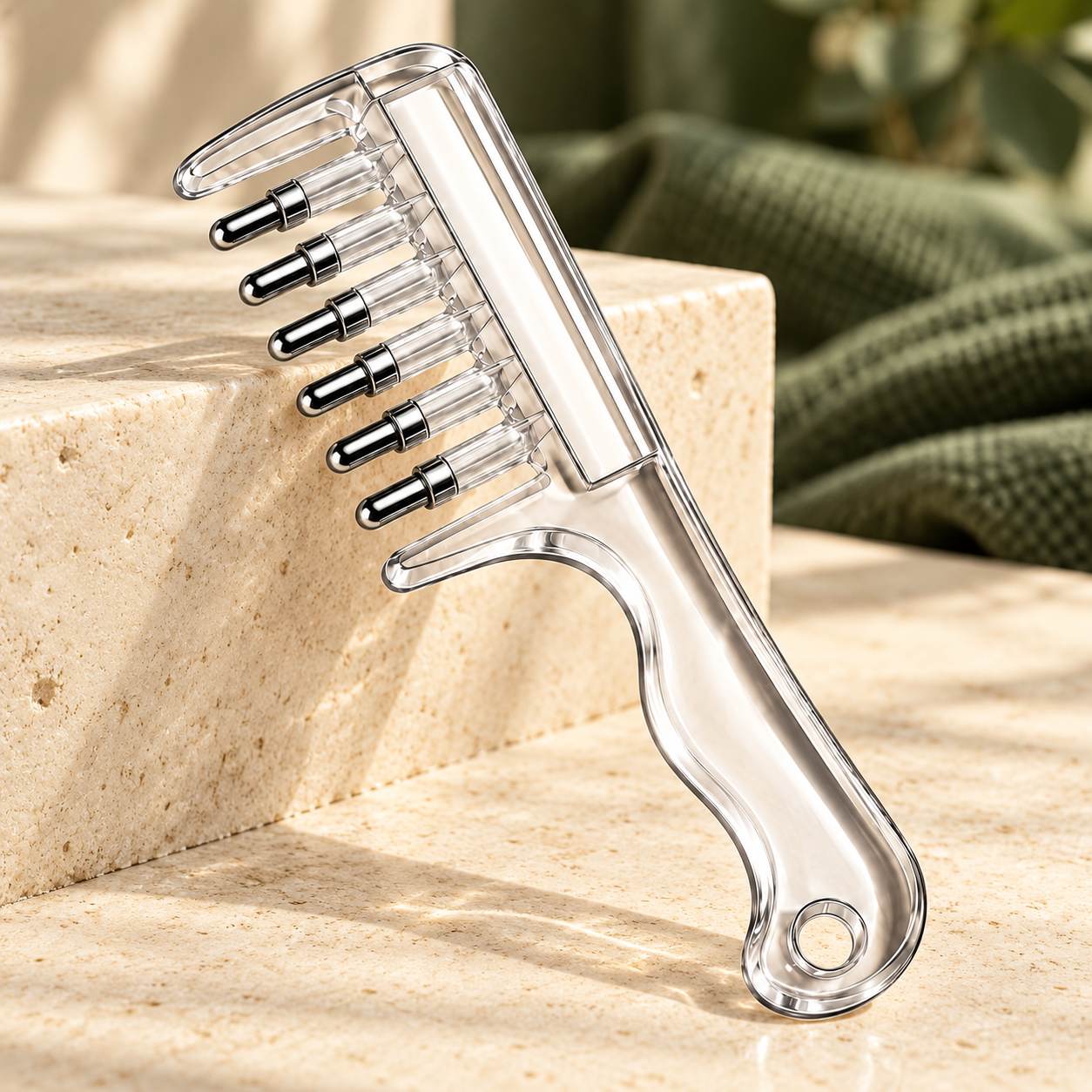 Clear six-tip scalp applicator comb on an ivory vanity