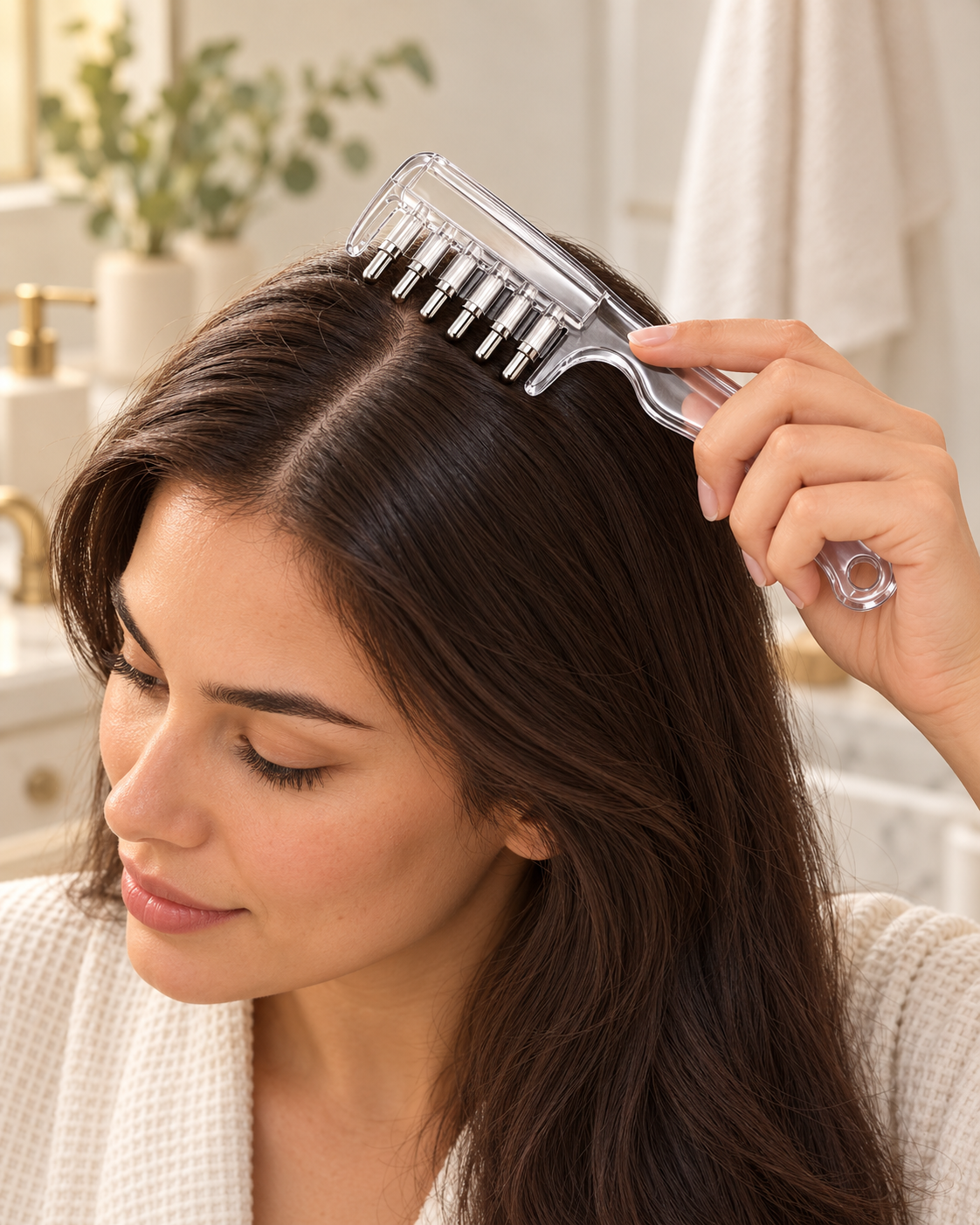 Adult woman holding a six-tip applicator comb near a hair part